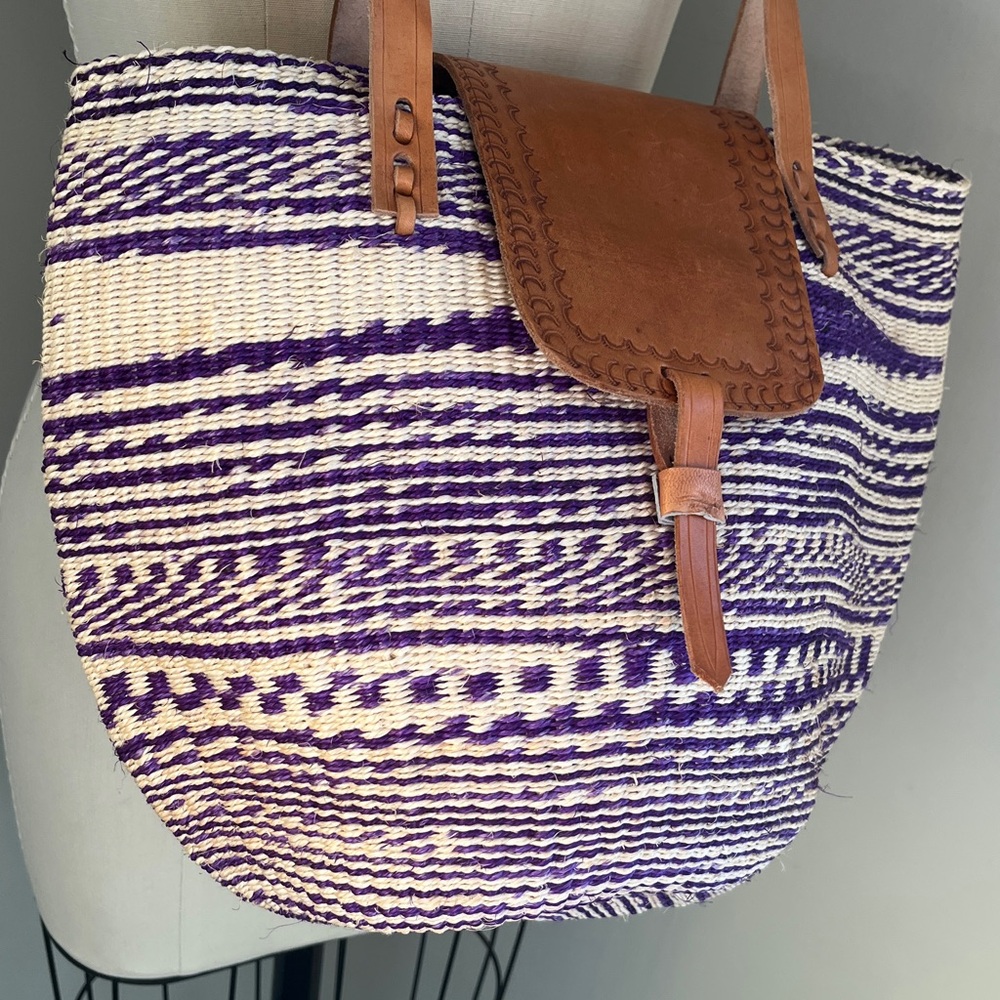 Handwoven Sisal Bag Kenyan Kiondo Basket Tote Leather Purple African Artisan - Picture 5 of 15